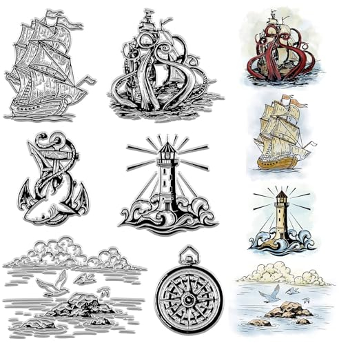 CRASPIRE Segelboot Klarer Gummistempel Meer Vintage Ozean Möwe Leuchtturm Anker Transparente Silikonsiegel Stempel Retro Für Journaling, Kartenherstellung, DIY, Scrapbooking, Handgefertigtes Fotoalbum