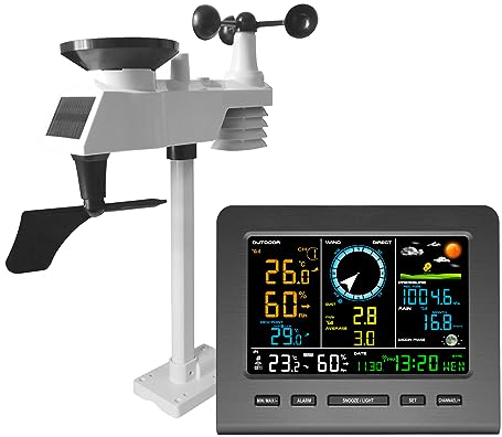 Irfora 0366-WF Funk-Wetterstation mit Außensensor, Wetterstation mit Wettervorhersage, Temperatur, Luftdruck, Luftfeucgkeit, Windmesser, Regenmesser, Mondphrase, Wecker