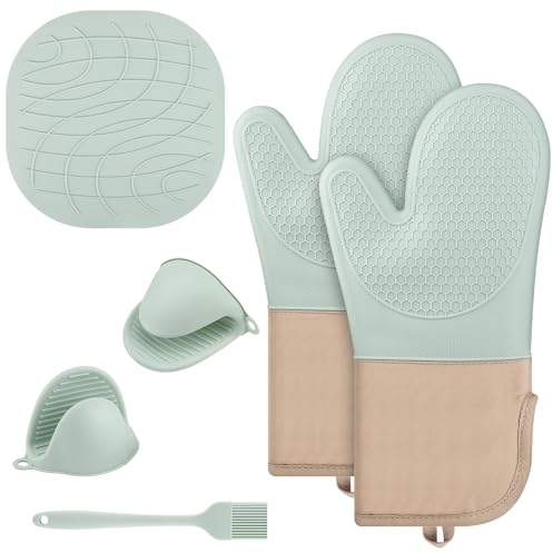 6er Set Ofenhandschuhe Topfhandschuhe-Set, Ofenhandschuhe Silikon, rutschfest und Hitzebeständig, Geeignet für Kochen, Backen und Grillen, Silikondesign (Minzgrün)