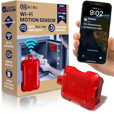 Kini Wi-Fi Motion Sensor Alarm & Tamper Alert- Instant App, SMS & Email Alerts - Gun Safes, Cabinets, Drawers - Easy Install, No Subscription, Rechargeable 12-18 Month Battery, IFTTT