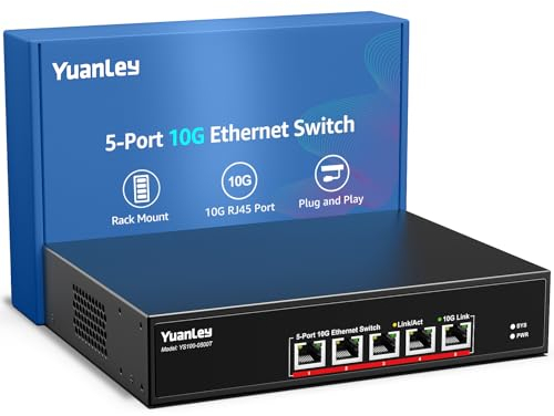 YuanLey 5 Port 10G Commutateur Ethernet, 5 Ports RJ45 10Gbps, Vitesse Auto-Négociée 10G/5G/2,5G/1G/100M, Capacité de Commutation 100Gbps, Commutateur Non Administrable, Montable en Rack, Plug and Play