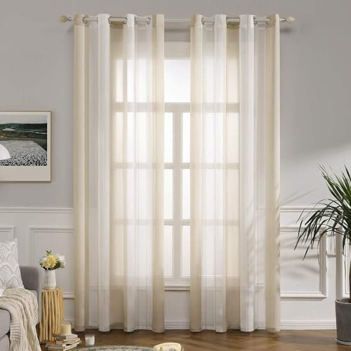 MIULEE Tende a Righe per Interni, Tende Trasparenti in Voile Tende Camera da Letto, Tenda Salotto Moderne con Anelli, Tenda a Pannello da Interno Finestra a Righe Bianche e Beige, 2x 140x270 CM