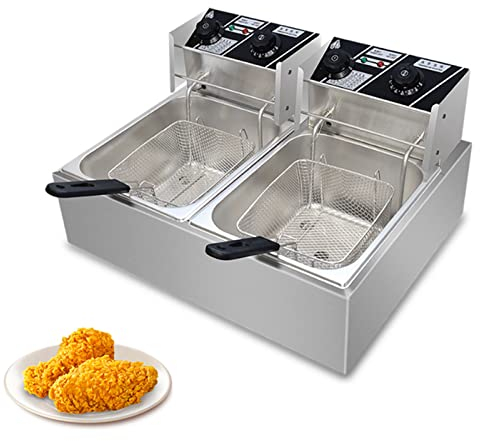 Dual Tank Electric Countertop Deep Fryer with Easy-Assembling Solid Basket, Removable Oil Container, 5000W Stainless Steel Commercial Deep Fryer for Turkey French Fries Kitchen Restaurant
