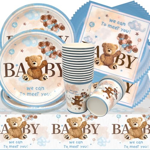 Doyomtoy Vaisselle de Fête Ours en Peluche Anniversaire, 61 Pièces Ours Vaisselle Papier Set Assiettes en Papier Serviettes Tasses pour Fête à Thème Baby Shower Décorations Fête d'anniversaire