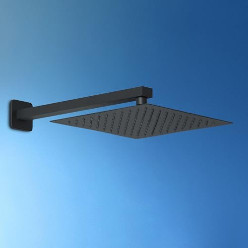JOHO Kopfbrause Regendusche Duschkopf Brausekopf Einbauduschkopf aus 304 Edelstahl mit Bombenfester Brausearm Wandarm Duscharm 37cm Schwarz(25x25cm/37cm)