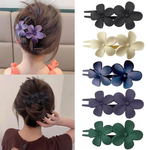 Calkkrer Lot de 5 barrettes à cheveux antidérapantes mates pour femme - Grande pince à cheveux en forme de fleur plate - Pinces à cheveux en forme de fleur pour cheveux épais
