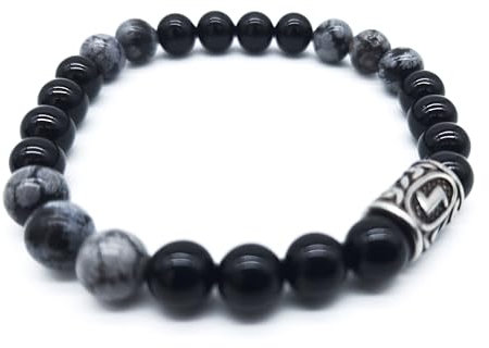 Wikinger Futhark Rune Edelstein Armband (18/21 cm, Damen/Herren) in Geschenkbox | Schutz Glück Energie (21, Rune EIHWAZ Onyx Schneeflocken Obsidian | Eibe Stärke Zuverlässigkeit)