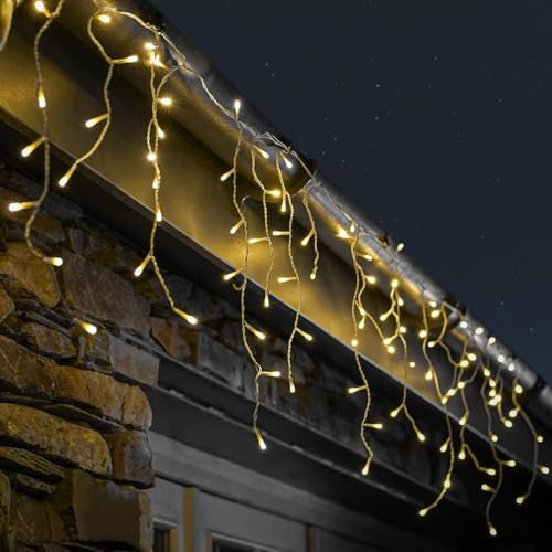 Festive Lights - 5.2m Christmas Multi Function Warm White 200 LED Icicle Lights - Battery Operated Indoor Outdoor Home Garden Seasonal Lighting Hanging Decoration - with 6 Hour Timer