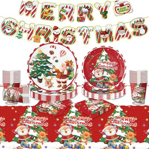 SERTAS 82Pcs Christmas Paper Plates, Napkins & Cups for Christmas Party Supplies
