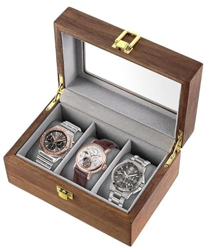 Amexo Holz Uhrenbox mit 3 Fächern Uhrenständer Uhrenaufbewahrungsbox für Herren Luxus-Uhrenkasten für Uhren Armbänder (Holz)