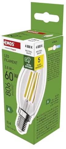 EMOS LED Lampe Edison Candle, 3,8W Ersatz für 60W Glühbirne, A Klasse Vintage-Birne E14 Sockel, Helligkeit 806 lm, Neutralweiß 4000 K, Lange Lebensdauer 50000h, CRI min. 80, 360° Abstrahlwinkel