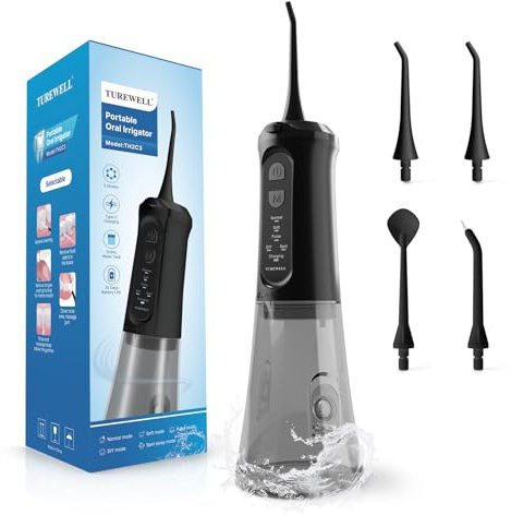 TUREWELL Irrigador Bucal Portatil de 310 ML con 5 Modos, 4 Boquillas, Irrigador Dental Recargable IPX7 Impermeable al Agua para el Hogar y Los Viajes, Mejora la Salud Dental