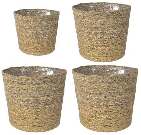 Green Me Up Seegras Korb – Pflanzkorb aus Seegras mit Folieneinsatz – Boho Deko Blumentopf geflochten – 4er Set Ø 14 cm, 17 cm, 2X 19 cm