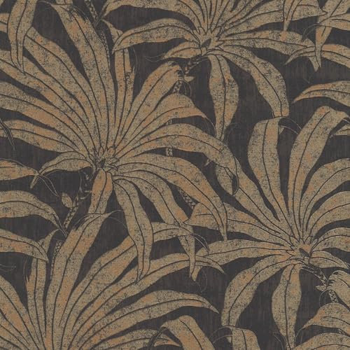 Nature Wallpaper wall Profhome 395011-GU Non-Woven Wallpaper Textured with Jungle Elements and Metallic Highlights Black Gold Bronze 5.33 m2