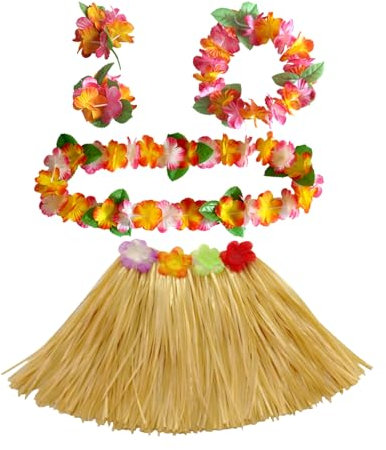 5 Stück Hawaii Outfit Damen,Hawaii Kostüm Damen,Party Faschingskostüme,Bastrock Hawaii Rock Set,Einfach Blume Stirnband,Kette Girlanden Hula Rock für Sommer Beach Tropische Kostüme Kinder/Erwachsene