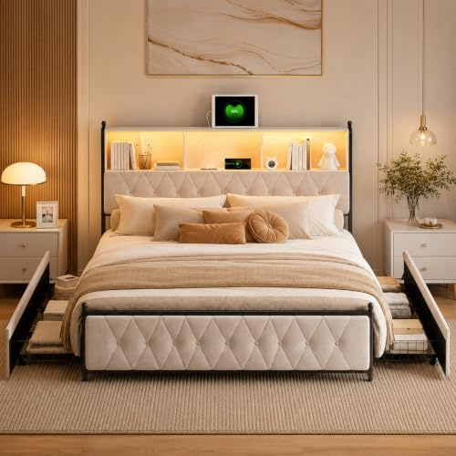 LKPOMI Bett mit Schubladen, 160x200 Doppelbett Polsterbett Stauraum-Kopfteil Bett mit LED und USB, Stauraumbetten Jugendbett Bettgestell, Samt, Ohne Matratze (Beige A, 160 x 200 cm)