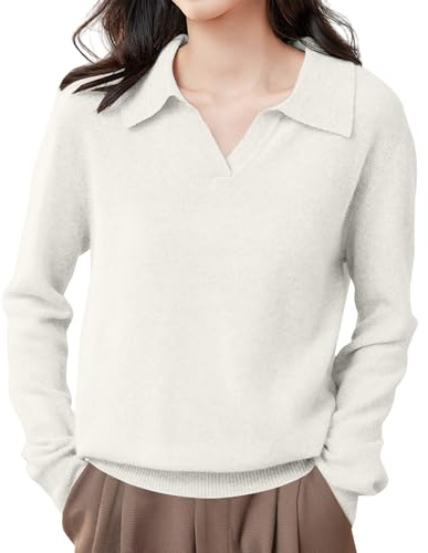 PODOLIXIA Jersey para mujer, otoño, cuello de pico, elegante, de punto, jersey de manga larga con cuello de polo, ropa básica de negocios, sudadera para mujer
