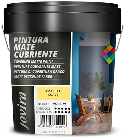 JOVIRA PINTURAS Pintura Mate Cubriente | Colores | Pintura interior-exterior con excelente poder cubriente. (4 Litros, Amarillo Suave)-T