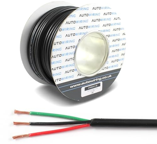 Automotive 3 Core Cable 12v 24v Thin Wall Multistrand Wire Trailer/Lights RED BLACK GREEN (1mm² 16.5 AMPS, 10M Coil)