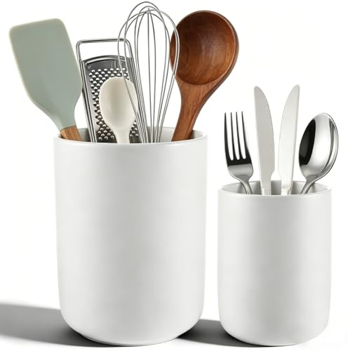 LDHHYH 2 Pièces Pot Ustensiles Cuisine, Porte Ustensiles en Céramique Blanc Mat, Grands et Moyens pour Spatules, Cuillères, Fourchettes et Plan de Travail
