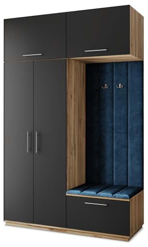 Masseno Flugarderoben Set Rema, Kleiderschrank-Set mit Sitzbank, Garderobenschrank Flur mit 5 Regalböden, Eiche Wotan/Schwarz