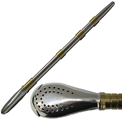 Bombilla Larga Recta para Tomar Mate en Acero Inoxidable con Puños Y Filtro desarmable de Color Dorado.