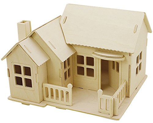 Creativ 57875 - Kit di costruzione in legno 3D, casa con terrazza, dimensioni 19 x 17,5 x 15 cm, ply, 1 pezzo, legno