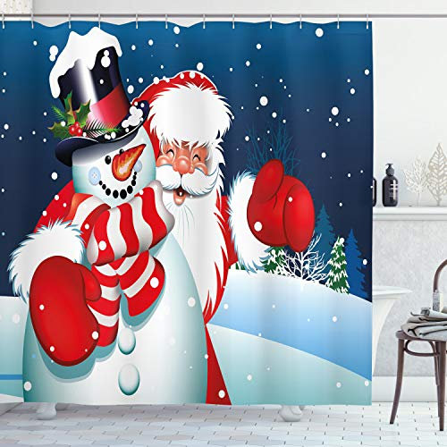 ABAKUHAUS Natale Tenda da Doccia, Santa Snowman Abbraccio, Tessuto Set di Decorazioni per Il Bagno con Ganci, per la Vasca da Bagno, 175 cm x 180 cm, Blu Rosso Bianco
