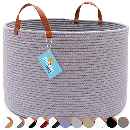 OrganiHaus Cotton Rope Storage Basket, Woven Basket for Storage, Large Storage Basket, Blanket Basket for Living Room Grey 50cm x 33cm