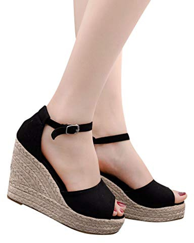 2019 Verano Sandalias Romanas Mujer, Zapato Peep-Toe Con Plataforma Cuña Alpargatas Zapatillas De Boda Fiesta Sandalias De Vestir De Talla Grande 33-44 EU(Negro, 33 EU)