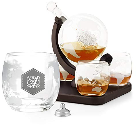 Maverton Whisky Karaffe mit Gravur, Globus mit Schiff, 850 ml + 4 Gläser | 4Er Whiskygläser Set, Whisky Dekanter, Personalisiert, Muster