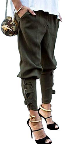 Onsoyours Damen Freizeithose High Waist Chiffon Locker Streetwear Hosen Mit Gürtel Slim Fit Anzughose Bleistifthose Z Armeegrün Large