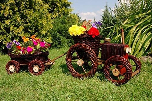 DEKO VERTRIEB BAYERN Premium Traktor+Anhänger 120cm dunkel Korbgeflecht Rattan Körbe Pflanzkorb Pflanzkasten, Gartendeko, Pflanzkasten, Blumenkasten, Pflanzhilfe