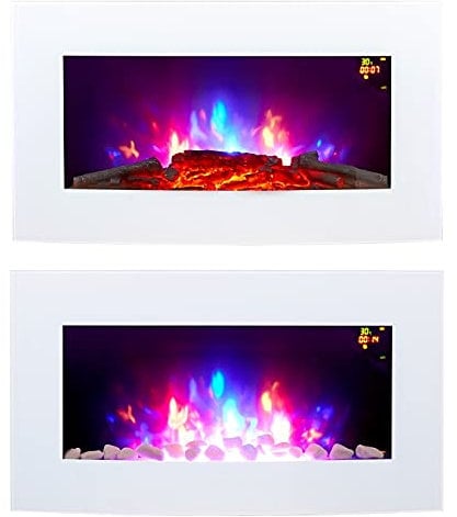 2025 71.8CM WIDE TRUFLAME 7 COLOUR WHITE CURVED GLASS LED WALL MOUNTED ELECTRIC FIRE WITH PEBBLE EFFECT!