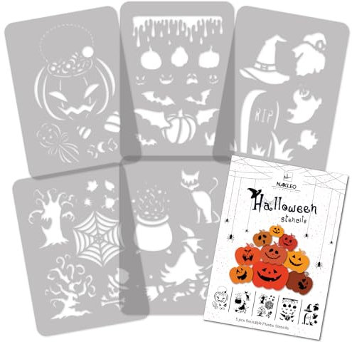 NAKLEO Halloween Schablonen Malen, 5 Stück Set 21x30cm Kürbis Katze Hexe Fledermaus, Wiederverwendbare Kunstoff Kinderzimmer Malvorlage Raumdekoration, Basteln DIY Wand Möbel Papier
