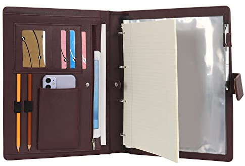 Wonderpool A4 PU Leder Ringhalter Schreibmappen Multi Dokumententasche mit Herausnehmbarem Binder Klemmbretter und funktioneller Tasche für Organizer Büro Reise Schule (Braun)