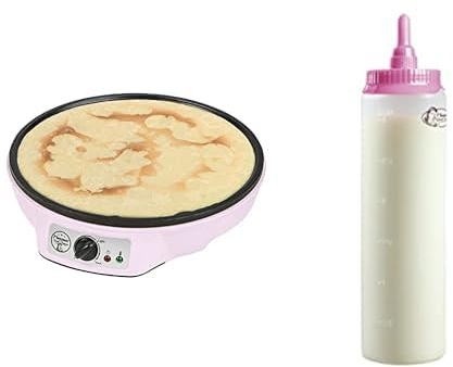 Bestron Crêpes Maker, inkl. Teigportionierer für 700ml mit Skala, Ideal zum Befüllen des Crêpes-Geräts, Farbe Gerät: Rosa, Teigflasche: Weiß