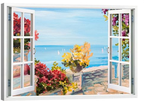 canvashop Quadro Finestra Aperta sul Mare Golfo 70x50 cm | Dipinto, Panorama Stile Marittimo, Tema Floreale, Stampa Su Tela Canvas, Per Soggiorno Camera da Letto