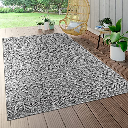 Paco Home Outdoor Teppich Wetterfest Wohnzimmer Balkon Küche Orientalisch Ornament Skandinavisch Geometrisches Muster 3D Effekt Modern, Grösse:160 cm Rund, Farbe:Anthrazit
