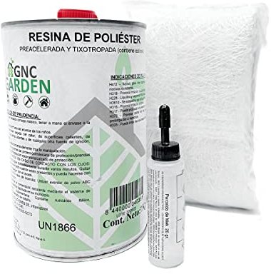 GNCGarden Kit de réparation résine polyester 1 kg (1 kg résine + 1 m2 mat-300 + catalyseur de 25 g pour durcir la résine.) Matériau de renforcement et matériau structurel.