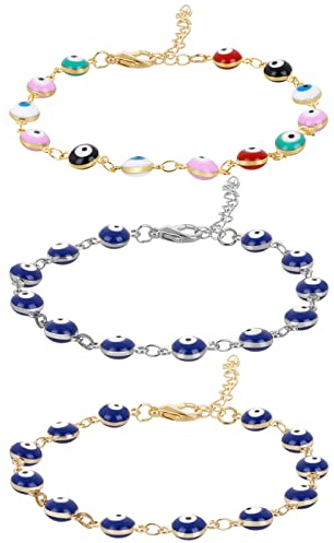 Yolev 3 Stück Evil Eye Armband Damen Herren Mädchen Auge der Türkei 18 Karat Vergoldetes Edelstahlarmband Schutz Fußkettchen Auge Schmuck Geschenke Damen Mädchen
