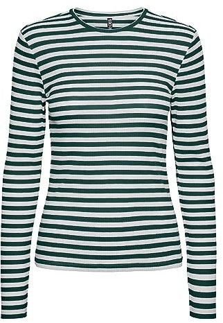 PIECES Damen T-Shirt,Trekking Green/Stripes:Cloud Dancer,L