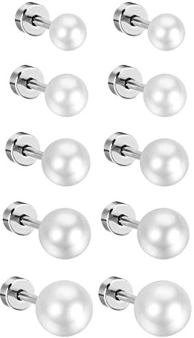 Aroncent Unisex Perlen Ohrstecker Set: 5 Paar Edelstahl Imitation Perlen Kugel Ohrringe Ohr Piercing Geschenk für Herren Damen Silber 4mm 5mm 6mm 7mm 8mm