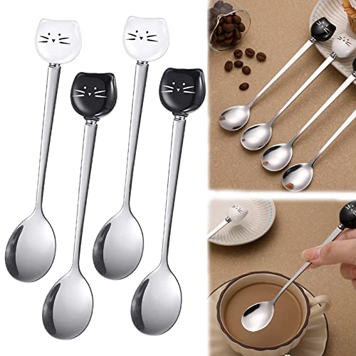 ysister Cuillères à thé en acier inoxydable 6 pièce Cuillère à Café de Tête de Chat Mignonne Cuillère de tête de Chat créatif cuillère de chat fur glacée dessert à thé, café, sucre (Noir/Blanc)