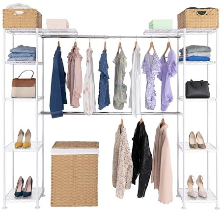 Seville Classics Closet Garment Organizer with Metal Hanging Rod Wardrobe Storage System, w/ Steel Shelves for Clothes, Shirts, Jackets, Coats, Blankets, Shoes, White, Expandable Rack