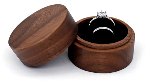 CLKE Ringbox Holz, Ringbox Hochzeit, Rund Ringschatulle, Ringschachtel mit Zwei Schwarz Samt Kartensteckplätze, 5x5x3.5cm, Ring Box für Vorschlag, Verlobung,Hochzeit, Tägliche Lagerung