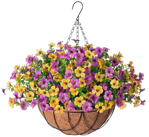 INXUGAO Artificial Silk Spring Flowers Hanging Basket for Outdoor Indoor, Daisy with Eucalyptus Leaves Arrangement for Yard Decor, Faux Green Plant in Metal Coconut Lining Pot(Purple Yellow)