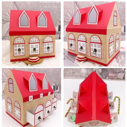 Alinacutle 1 Set 3D-Villa House Geschenkbox Stanzschablone aus Metall für Weihnachten, Adventskalender, Boxen mit Schubladen und Zahlen, DIY-Countdown, Papierbastelvorlage, handgefertigte