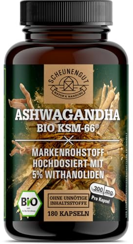 Ashwagandha KSM-66 - Ashwagandha Kapseln Hochdosiert - Bio DE SCHEUNENGUT® | Intensiv-Dosis Ashwagandha Kapseln Bio - Ashwaganda Biozertifiziert - Deutsche Abfüllung -Vegan und Laborgeprüft-180 Kapseln