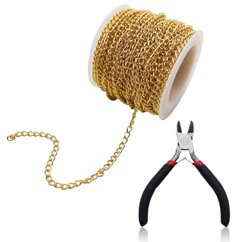 TXS 33 Füße Ketten Basteln Gliederkette Meterware Gliederkette Gold Ketten zur Schmuckherstellung Zubehör mit Schmuckzange Kette Meterware für DIY Halskette Basteln Schmuck Herstellung, 4x2,7mm